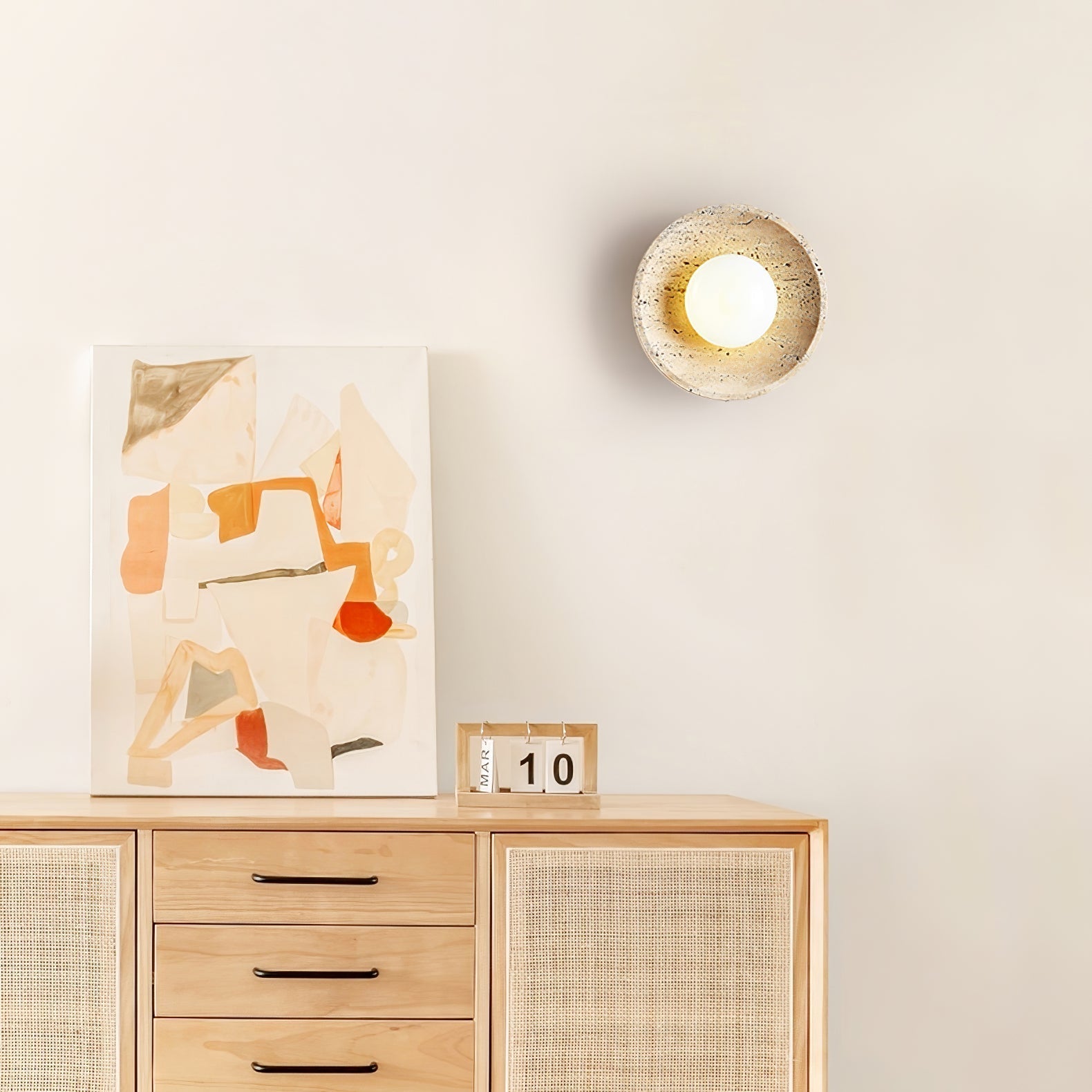Minimalist Natural Travertine Stone Eclipse Wall Sconce Modern Circular Indoor Light Fixture
