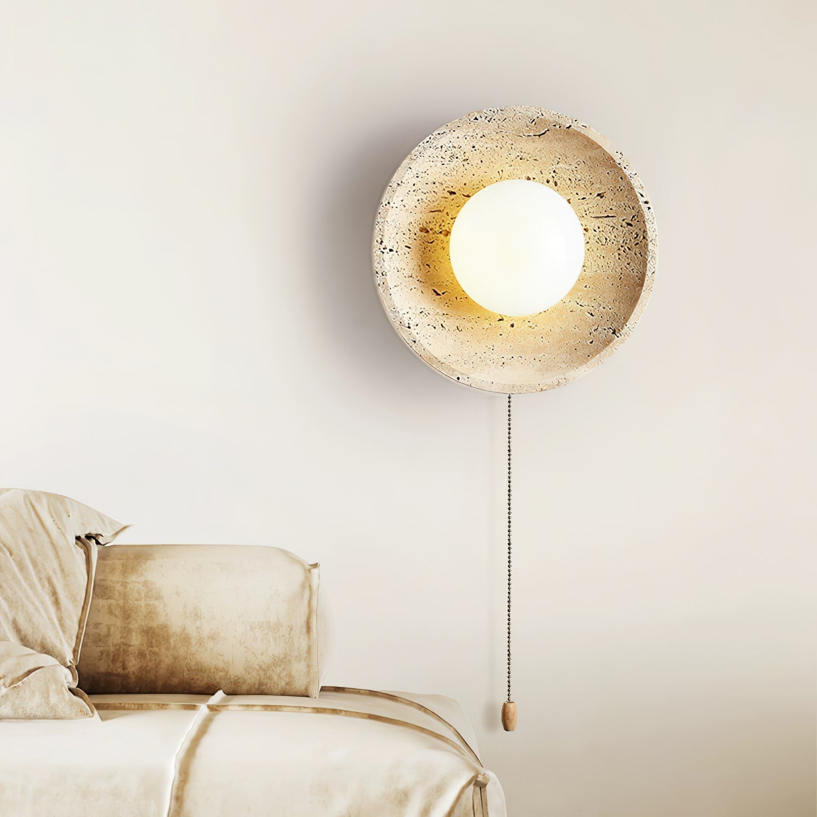 Minimalist Natural Travertine Stone Eclipse Wall Sconce Modern Circular Indoor Light Fixture