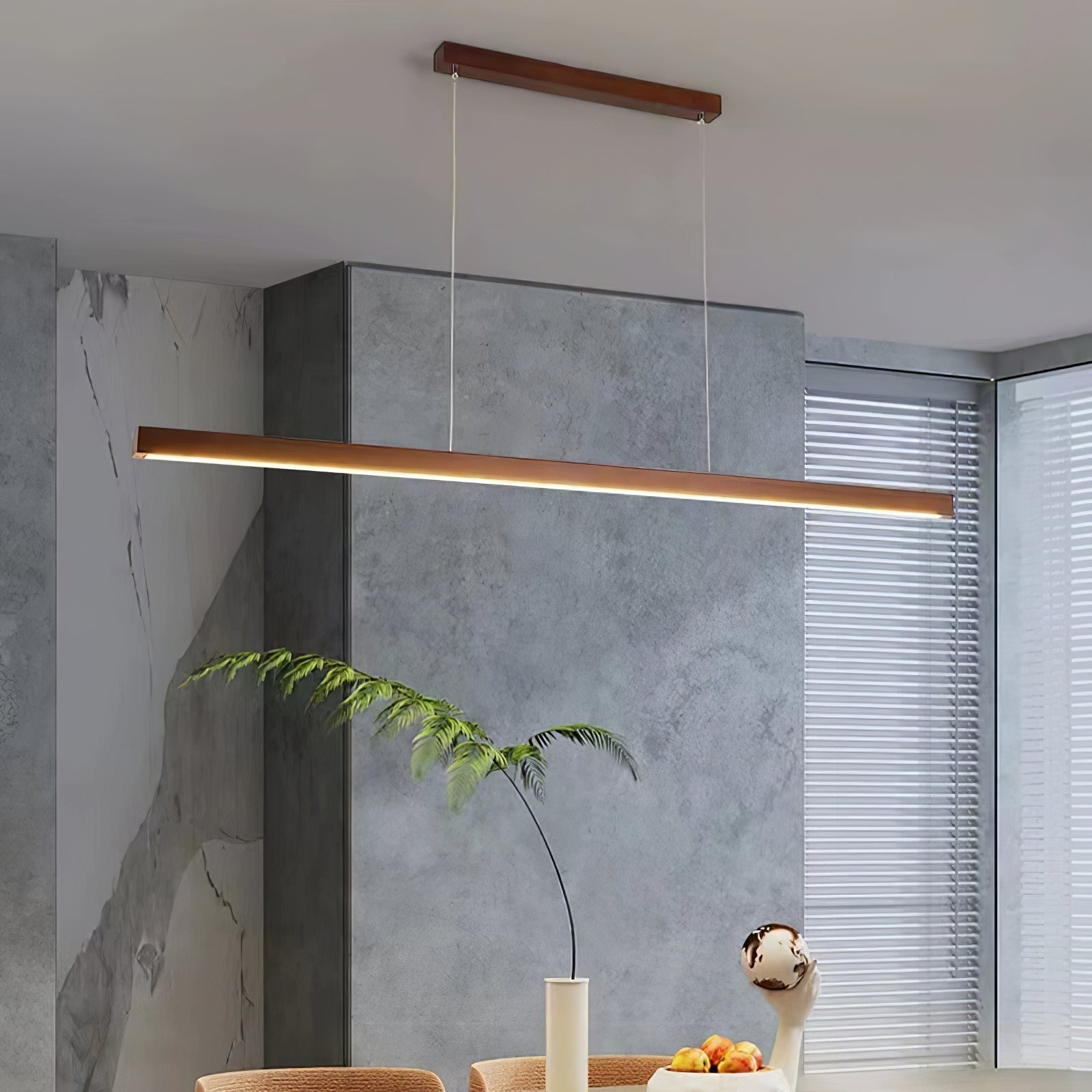 Minimalist Walnut Wood Linear Hanging Light Bar for Office and Dining Area