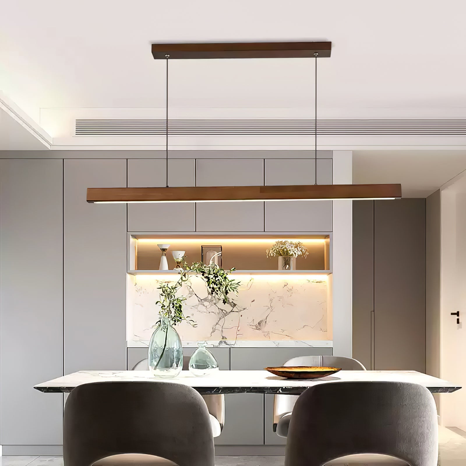 Minimalist Walnut Wood Linear Hanging Light Bar for Office and Dining Area