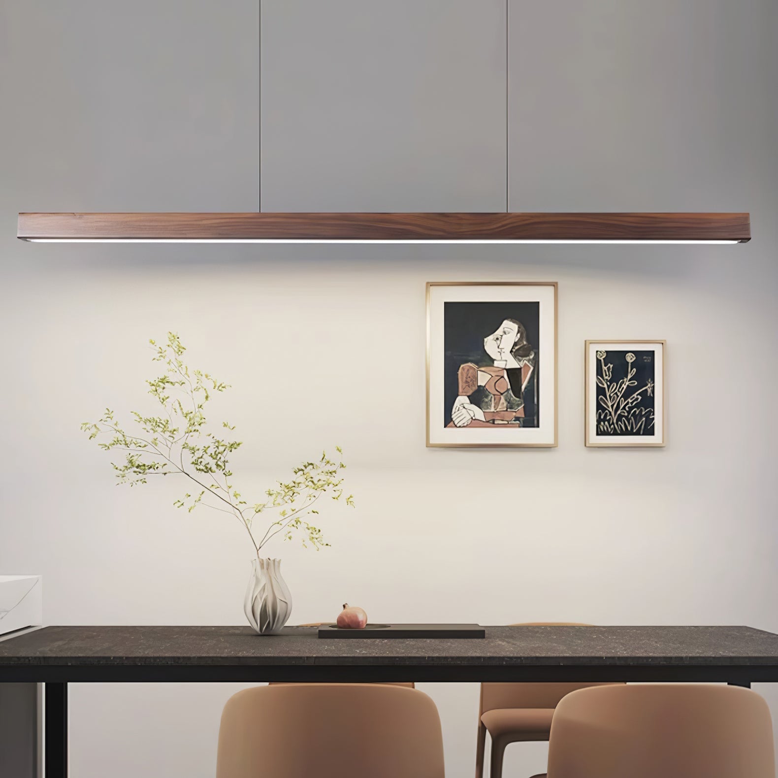 Minimalist Walnut Wood Linear Hanging Light Bar for Office and Dining Area