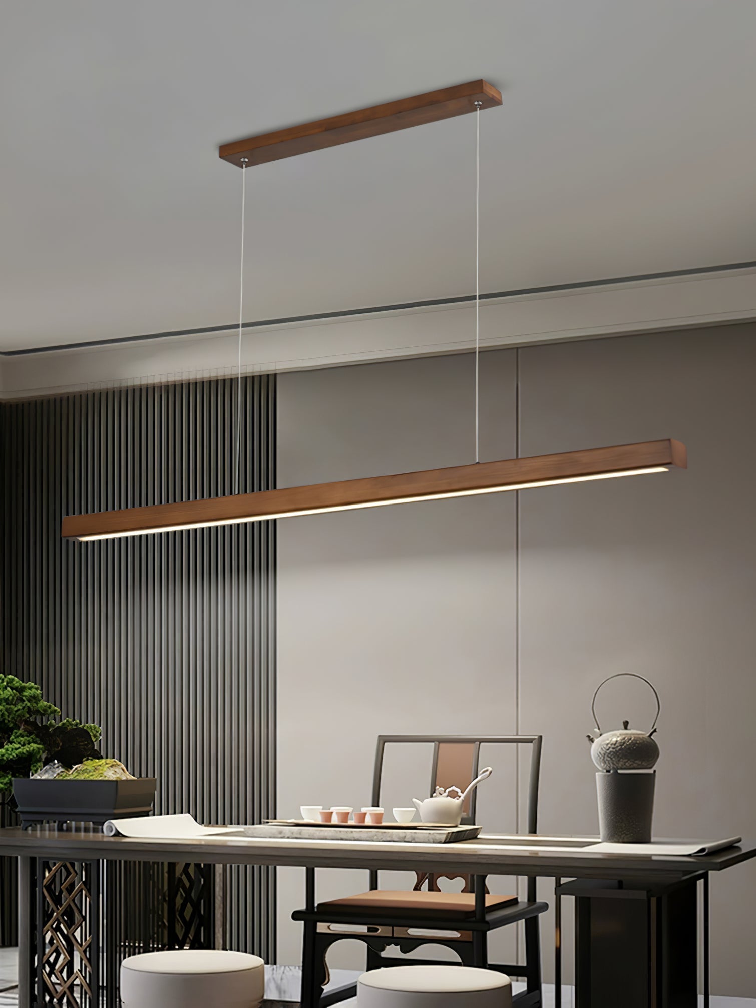 Minimalist Walnut Wood Linear Hanging Light Bar for Office and Dining Area