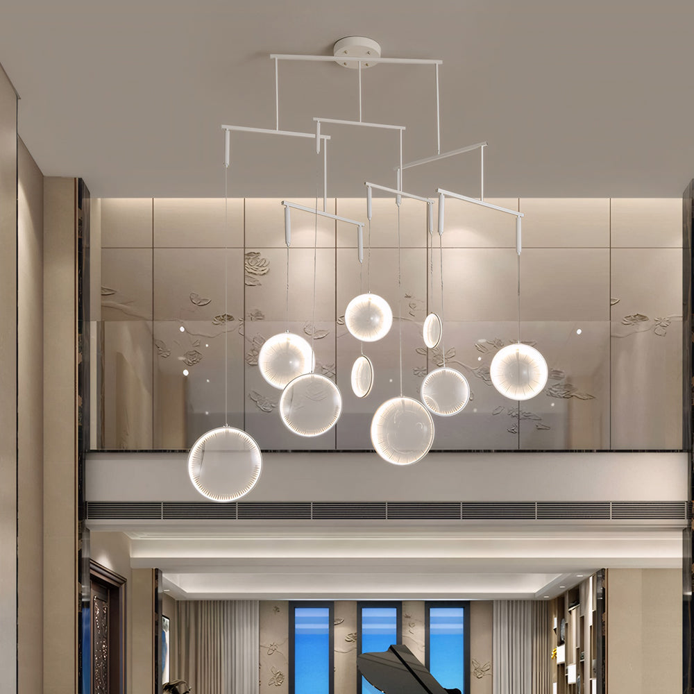 Minimalist White Focus LED Pendant Light Dimmable Ring Chandelier with 3 6 or 9 Lights for High Ceiling
