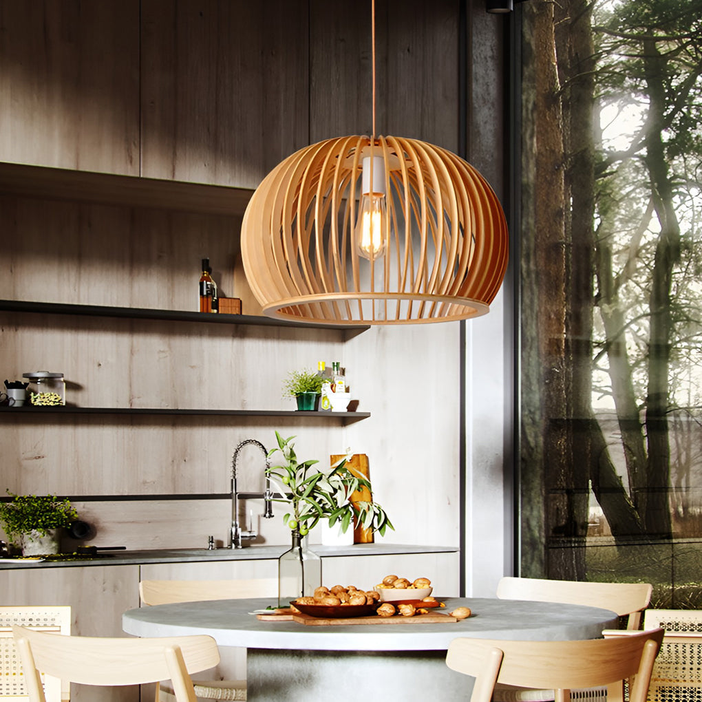 Minimalist Wood Pumpkin Lantern Chandelier Nordic Kitchen Pendant Lighting Fixture