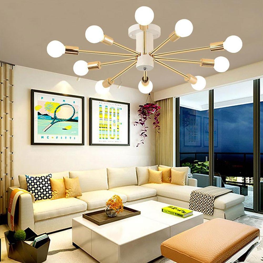 Modern 10 Light Gold Sputnik Chandelier Geometric Metal Flush Mount Ceiling Light for Living Room
