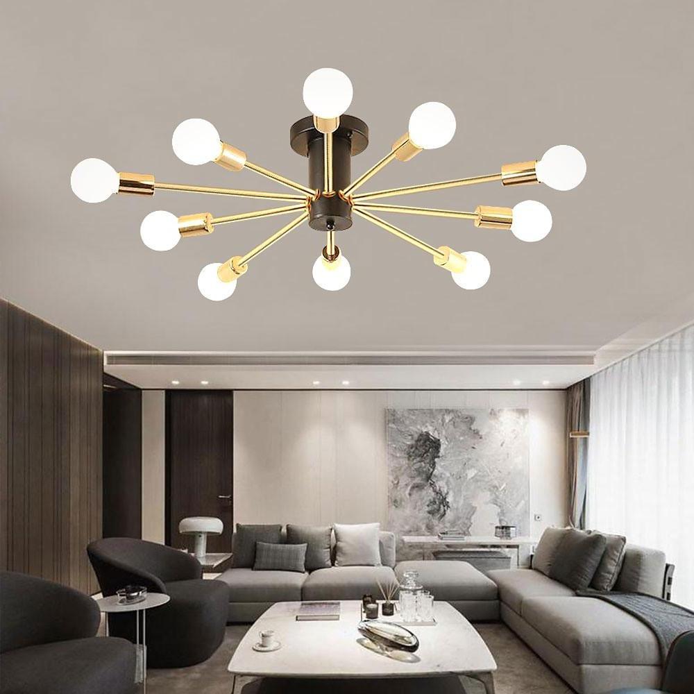 Modern 10 Light Gold Sputnik Chandelier Geometric Metal Flush Mount Ceiling Light for Living Room