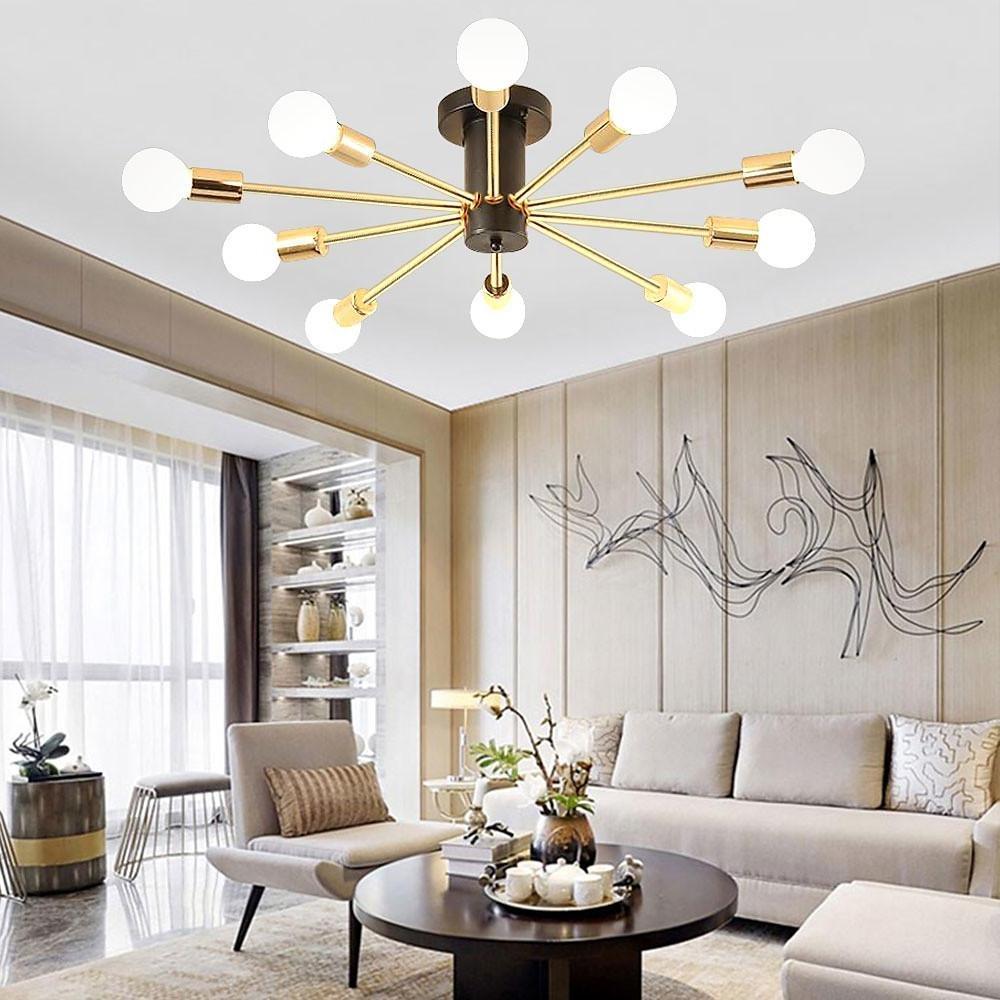 Modern 10 Light Gold Sputnik Chandelier Geometric Metal Flush Mount Ceiling Light for Living Room