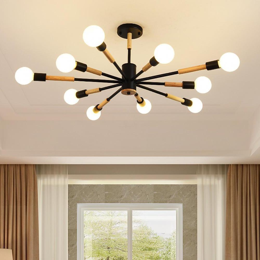 Modern 10 Light Sputnik Flush Mount Ceiling Chandelier Nordic Wood and Metal Fixture