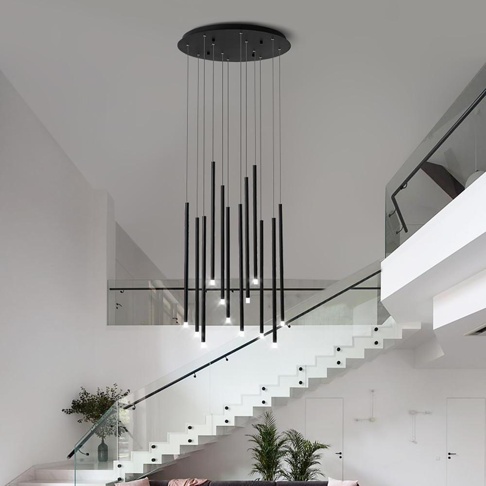 Modern 12 Light LED Cluster Pendant Chandelier with Elongated Cylindrical Shades for Dining Room