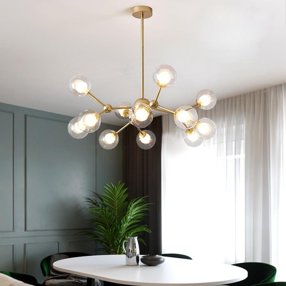 Modern 12 Light Starburst Sputnik Chandelier Gold and Black Glass Semi Flush Mount Ceiling Fixture