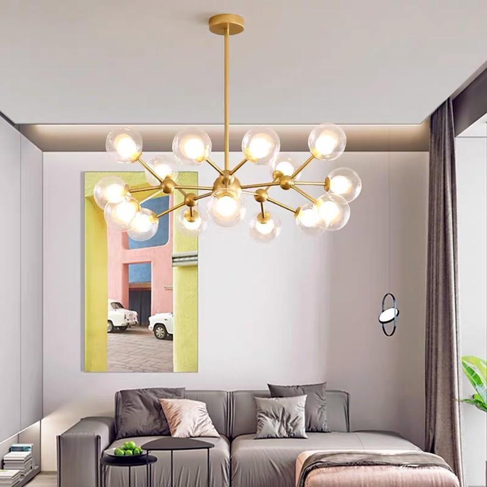 Modern 15 Light Sputnik Cluster Chandelier with Glass Globe Shades for Living Room