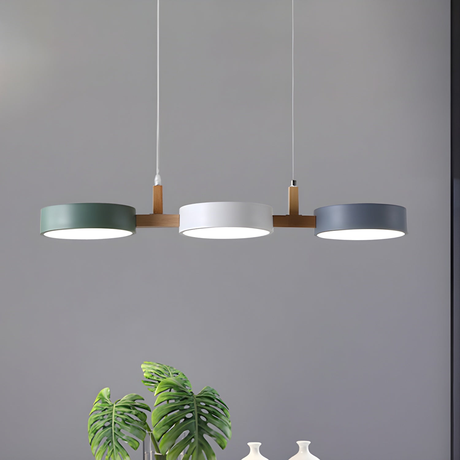 Modern 3 Light Geometric Trio Pendant Lamp with Green White and Grey Circular Shades