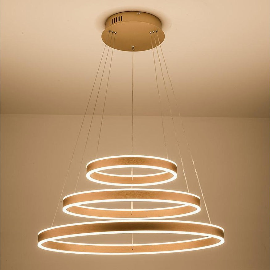 Modern 3 Ring LED Chandelier Adjustable Gold Circle Pendant Light for Foyer and Dining Room
