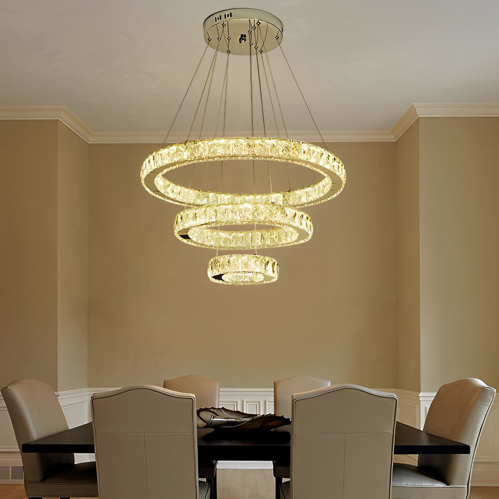 Modern 3 Ring Luxury Crystal LED Chandelier Adjustable Geometric Chrome Pendant Light