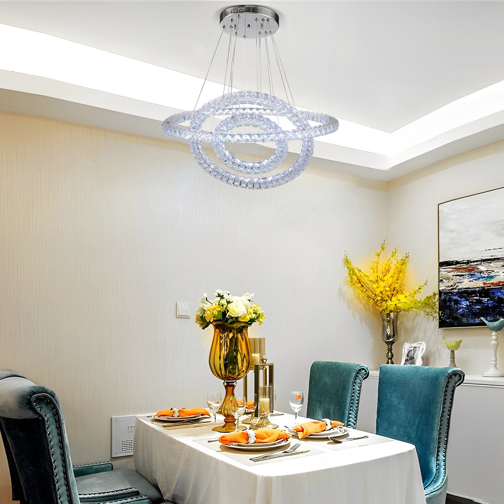 Modern 3 Ring Luxury Crystal LED Chandelier Adjustable Geometric Chrome Pendant Light