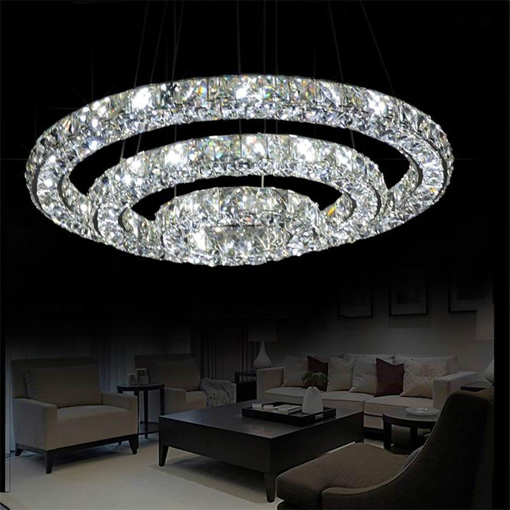 Modern 3 Ring Luxury Crystal LED Chandelier Adjustable Geometric Chrome Pendant Light