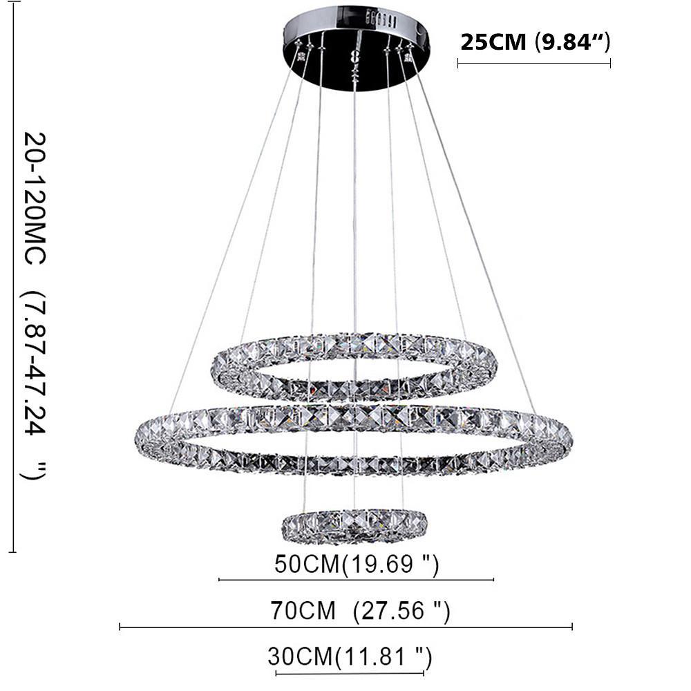 Modern 3 Ring Luxury Crystal LED Chandelier Adjustable Geometric Chrome Pendant Light