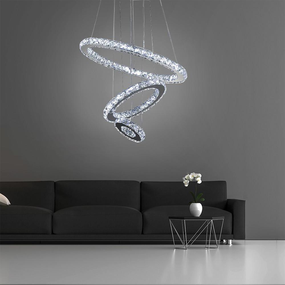 Modern 3 Ring Tiered Crystal LED Chandelier Adjustable Chrome Circle Pendant Light