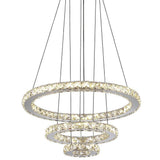 Modern 3 Ring Tiered Crystal LED Chandelier Adjustable Chrome Circle Pendant Light