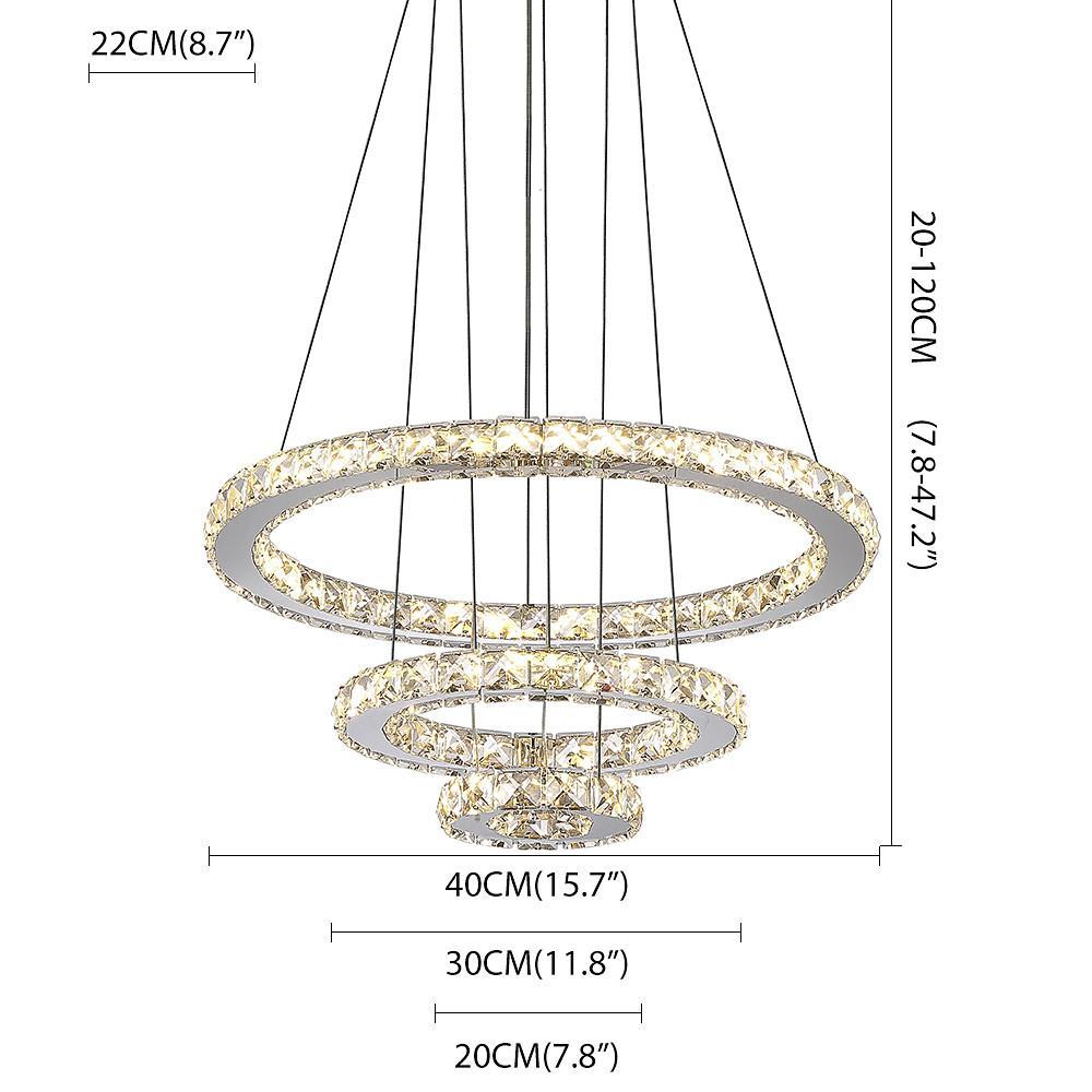 Modern 3 Ring Tiered Crystal LED Chandelier Adjustable Chrome Circle Pendant Light