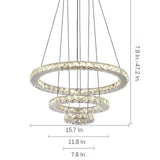 Modern 3 Ring Tiered Crystal LED Chandelier Adjustable Chrome Circle Pendant Light