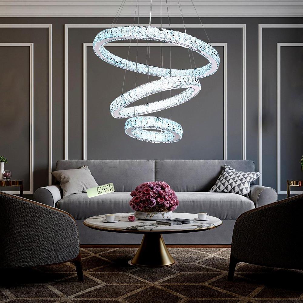 Modern 3 Tier Crystal Circle LED Chandelier Adjustable Metal Pendant Ceiling Lighting