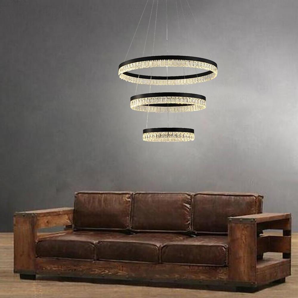 Modern 3 Tier Crystal Ring LED Chandelier Black Round Adjustable Pendant Light