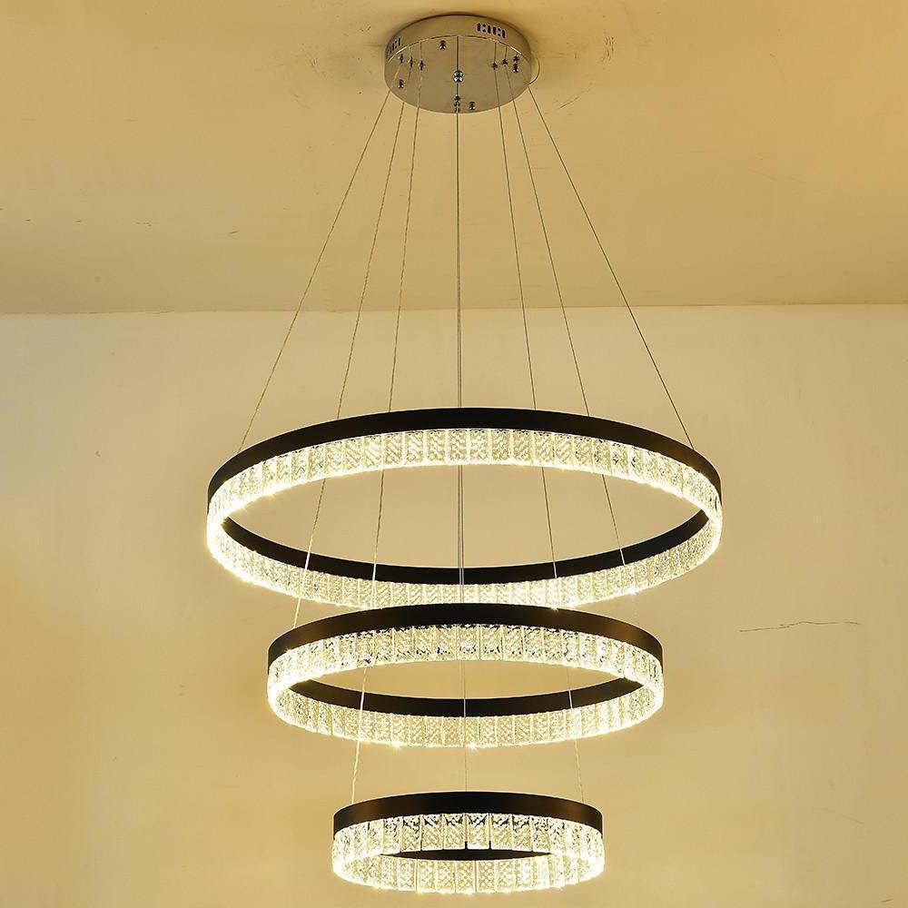 Modern 3 Tier Crystal Ring LED Chandelier Black Round Adjustable Pendant Light