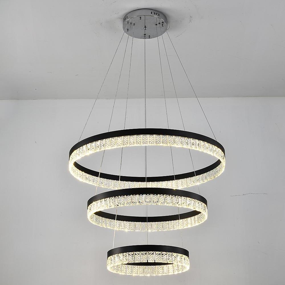 Modern 3 Tier Crystal Ring LED Chandelier Black Round Adjustable Pendant Light