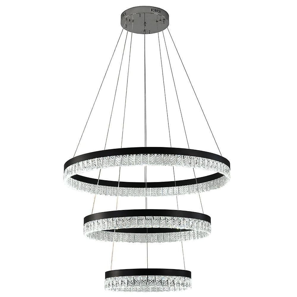 Modern 3 Tier Crystal Ring LED Chandelier Black Round Adjustable Pendant Light