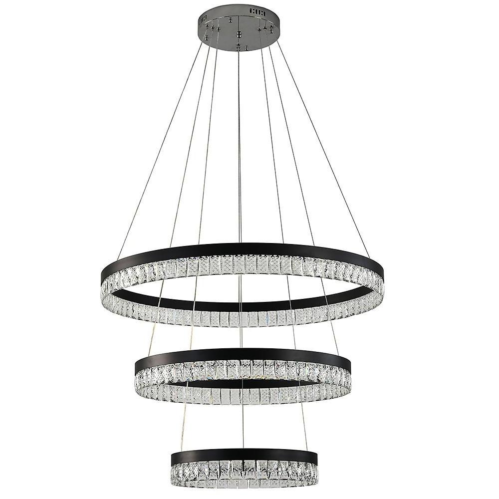 Modern 3 Tier Crystal Ring LED Chandelier Black Round Adjustable Pendant Light