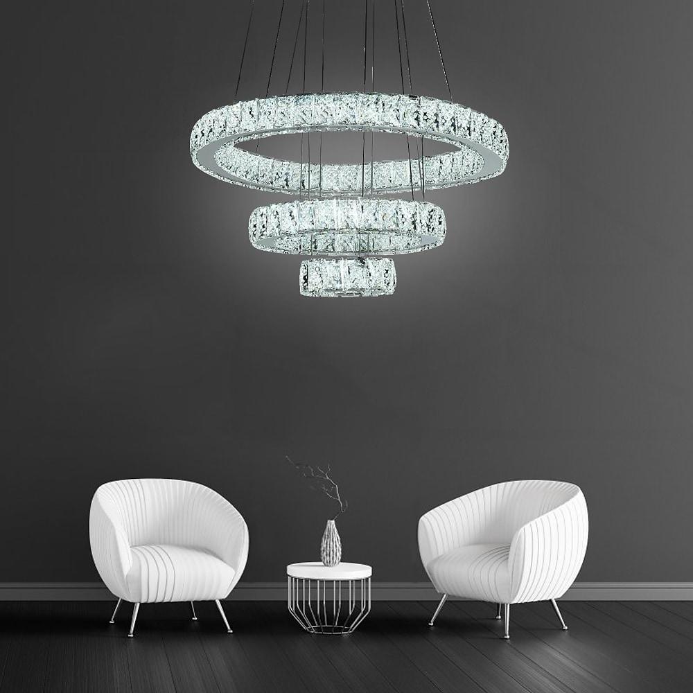 Modern 3 Tier LED Crystal Ring Chandelier Chrome Finish Luxury Pendant Light