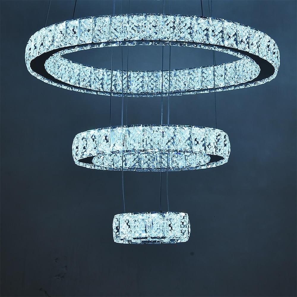Modern 3 Tier LED Crystal Ring Chandelier Chrome Finish Luxury Pendant Light