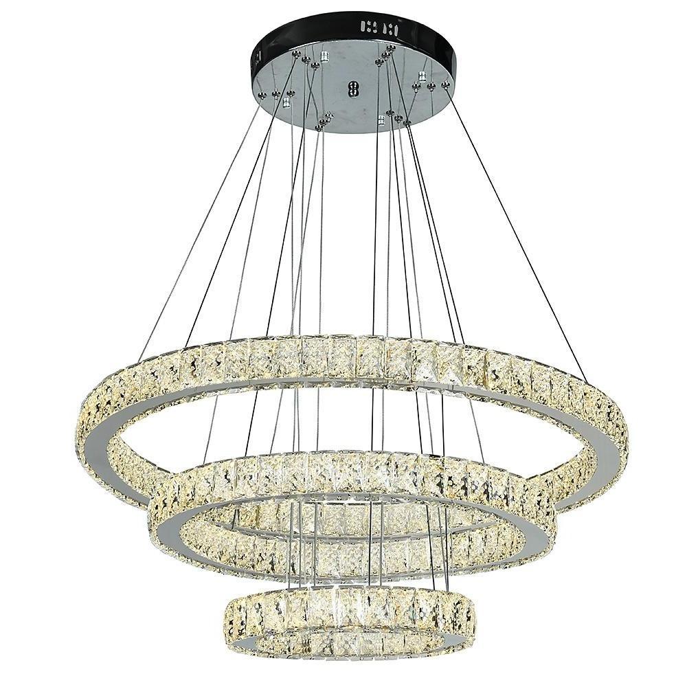Modern 3 Tier LED Crystal Ring Chandelier Chrome Finish Luxury Pendant Light