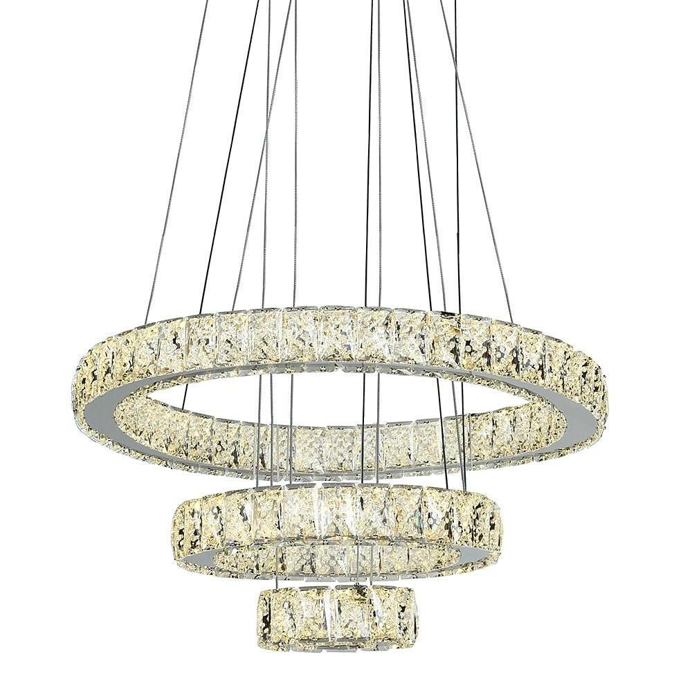 Modern 3 Tier LED Crystal Ring Chandelier Chrome Finish Luxury Pendant Light