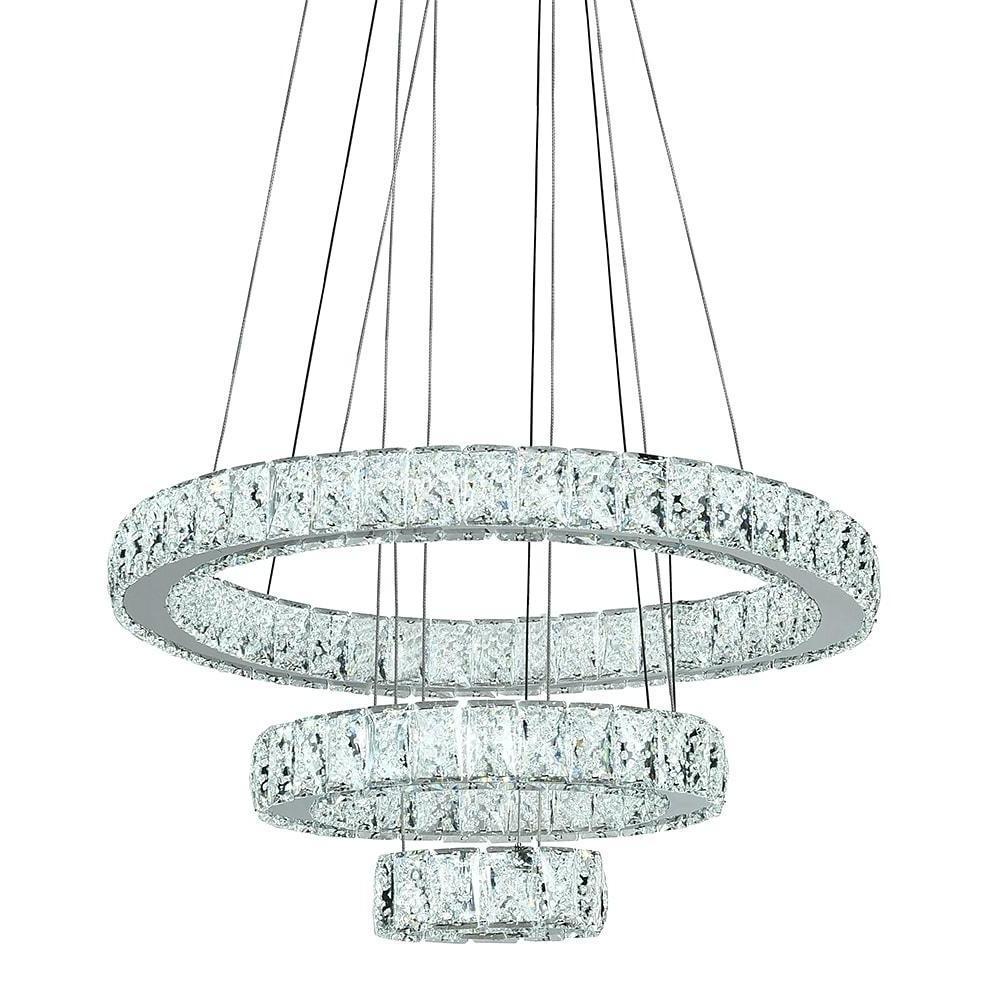 Modern 3 Tier LED Crystal Ring Chandelier Chrome Finish Luxury Pendant Light