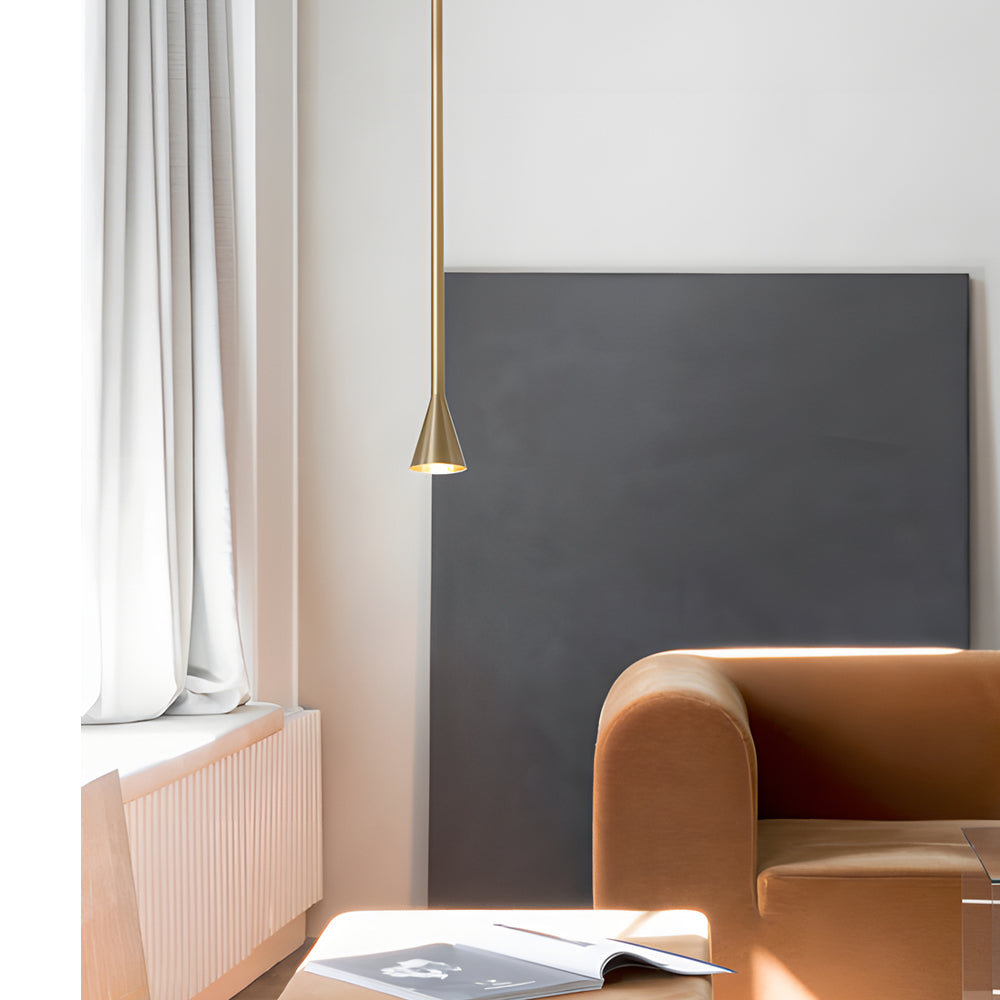 Modern 39 Inch Long Vertical Tube Pendant Light Gold Iron Cone Hanging Lamp for Bedside