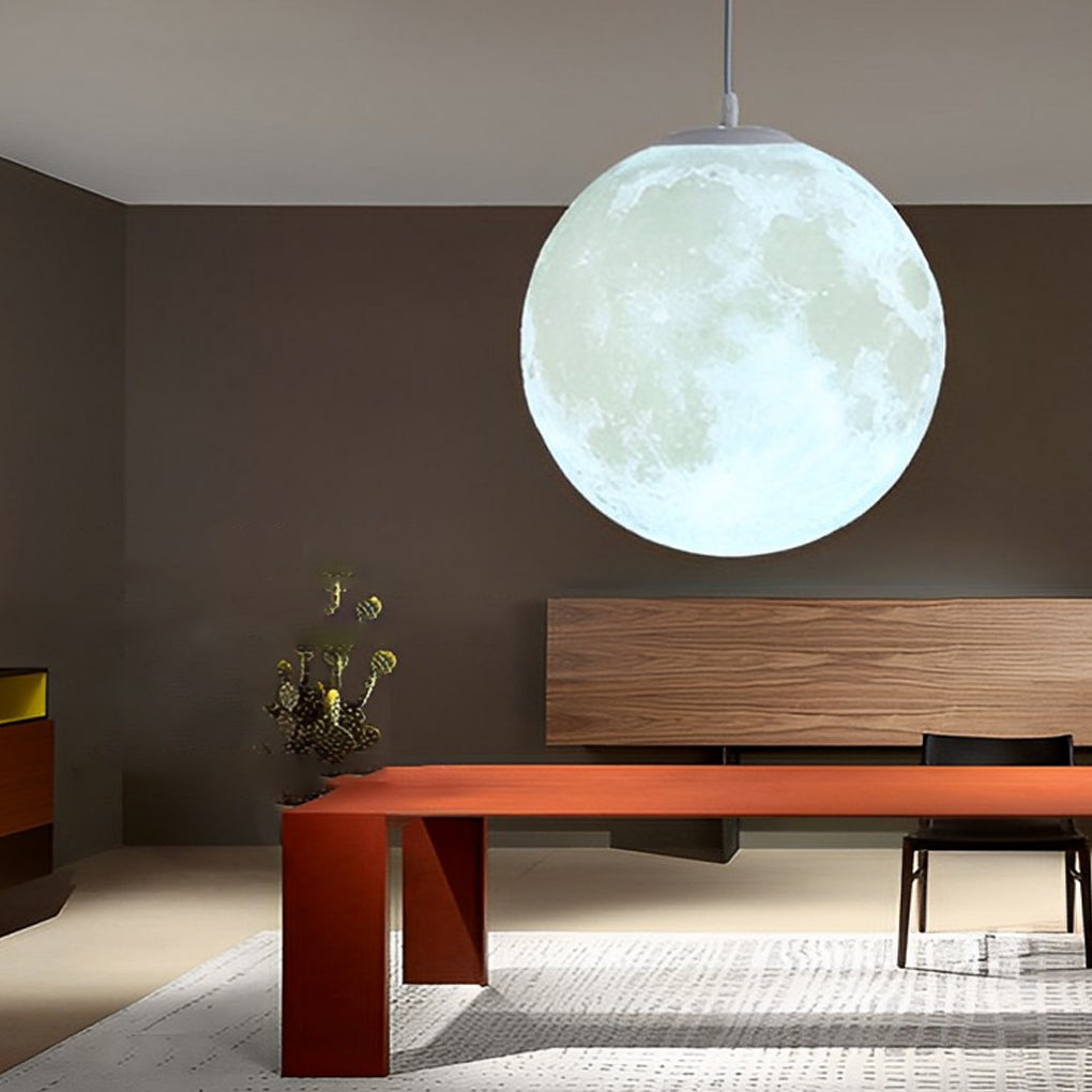 Modern 3D Printed Moon Pendant Light White Lunar Ceiling Lamp for Bedroom and Dining Room