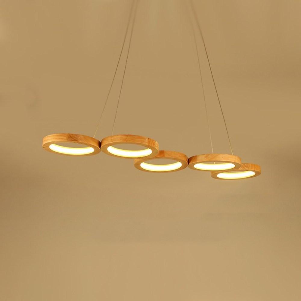 Modern 4 Circle LED Pendant Light Bamboo Wood and Acrylic Dining Room Ceiling Fixture