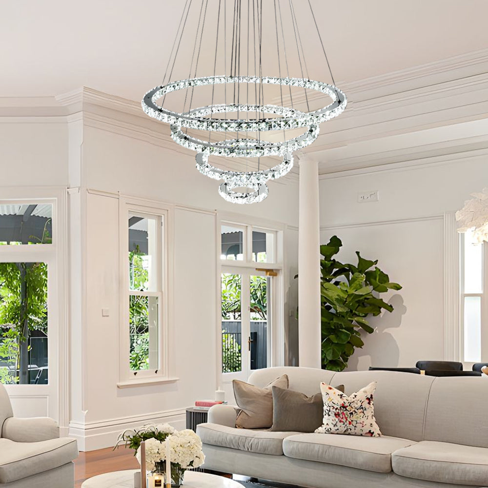 Modern 4 Ring Crystal LED Chandelier Electroplated Pendant Light Hanging Fixture