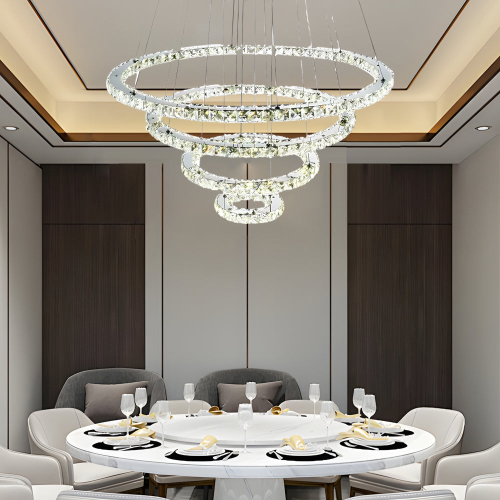 Modern 4 Ring Crystal LED Chandelier Electroplated Pendant Light Hanging Fixture