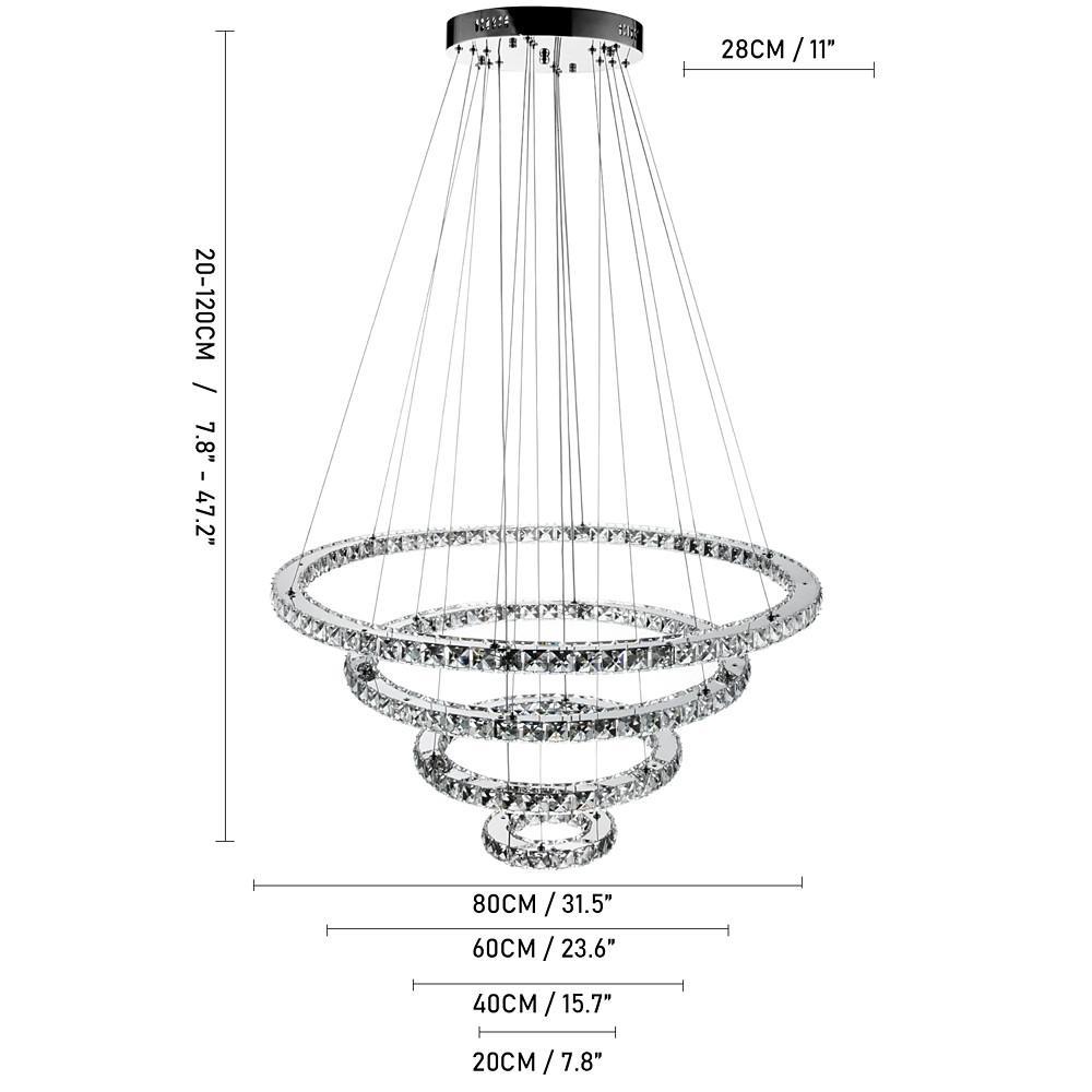 Modern 4 Ring Crystal LED Chandelier Electroplated Pendant Light Hanging Fixture