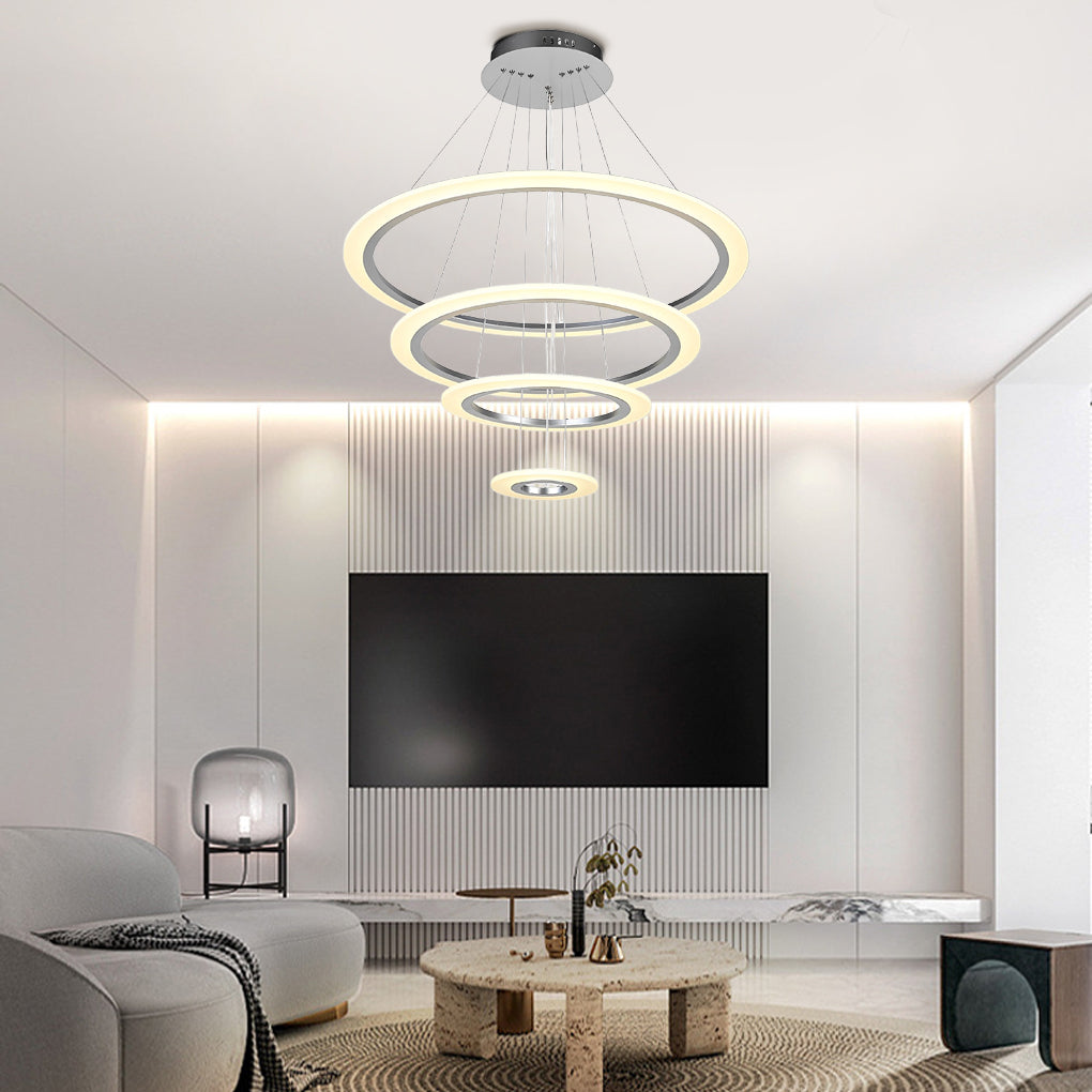 Modern 4 Ring LED Chandelier Dimmable Adjustable Height Pendant Ceiling Light