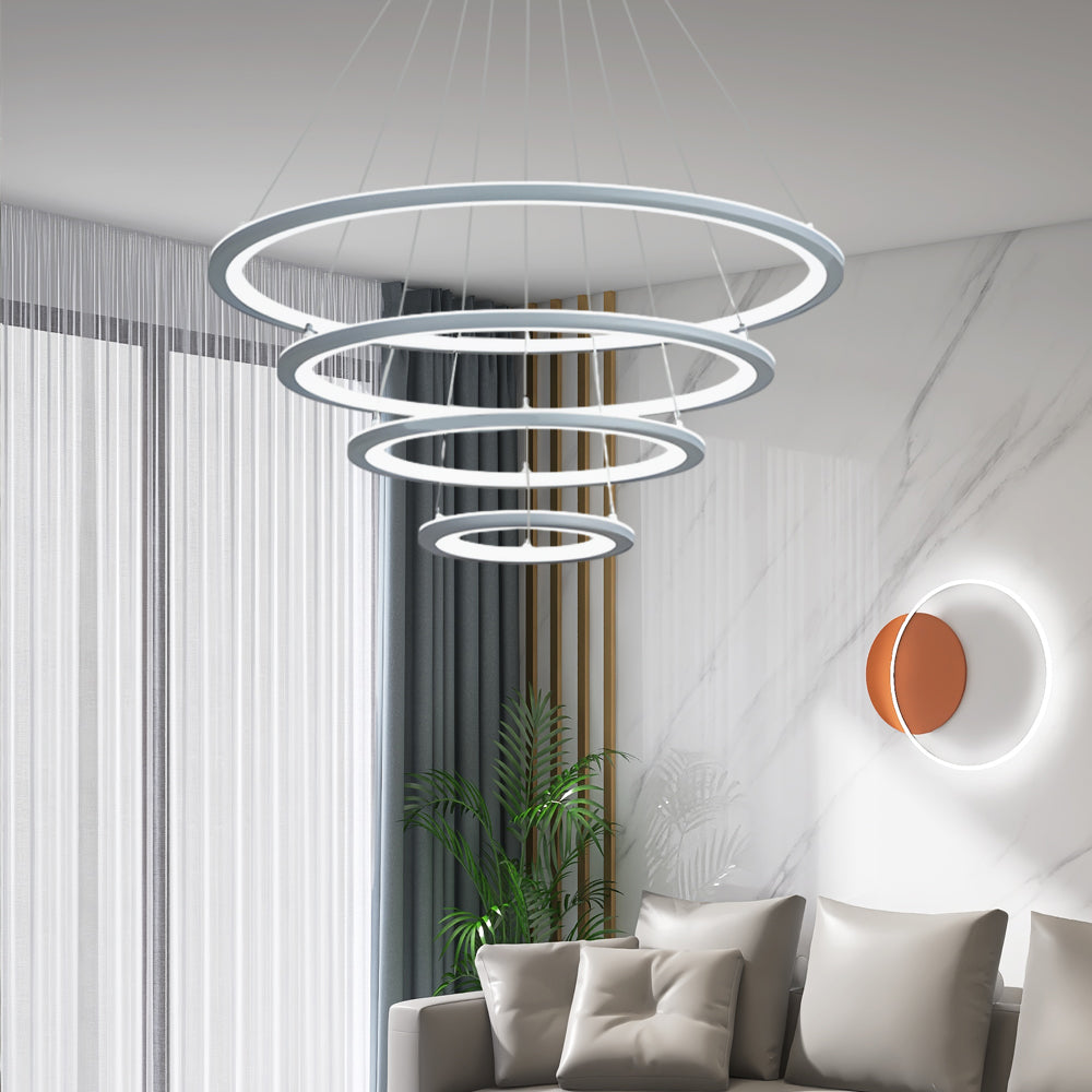 Modern 4 Ring LED Chandelier Dimmable Mid Century Circle Pendant Lighting with Remote