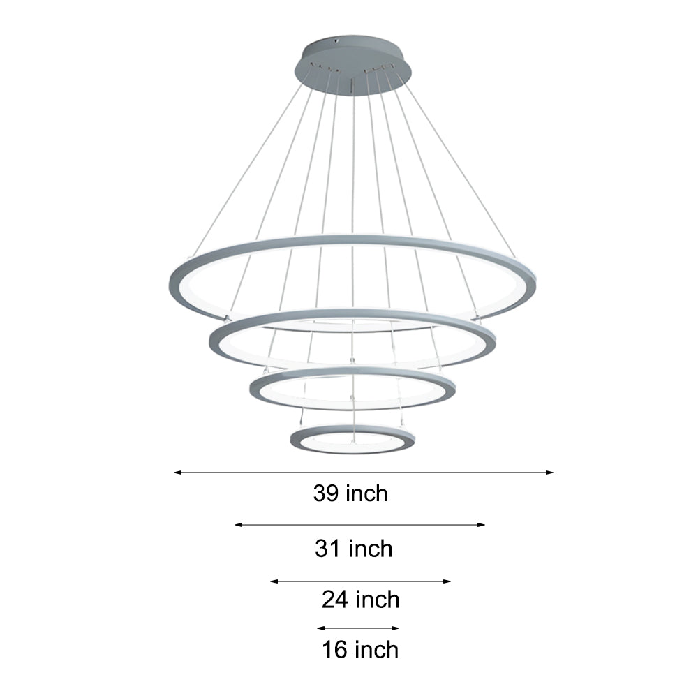 Modern 4 Ring LED Chandelier Dimmable Mid Century Circle Pendant Lighting with Remote
