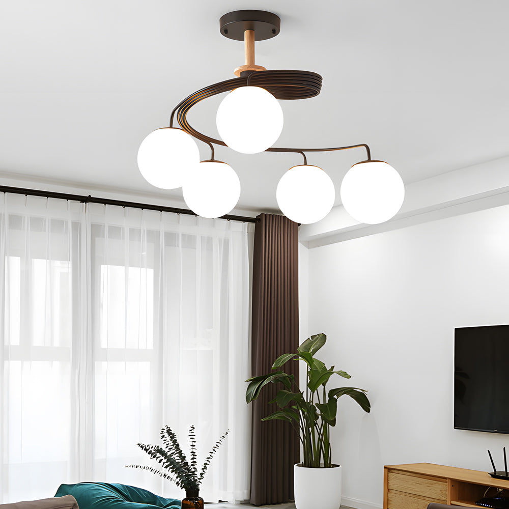 Modern 5 Light Glass Globe Spiral Metal Semi Flush Mount Ceiling Lamp for Home