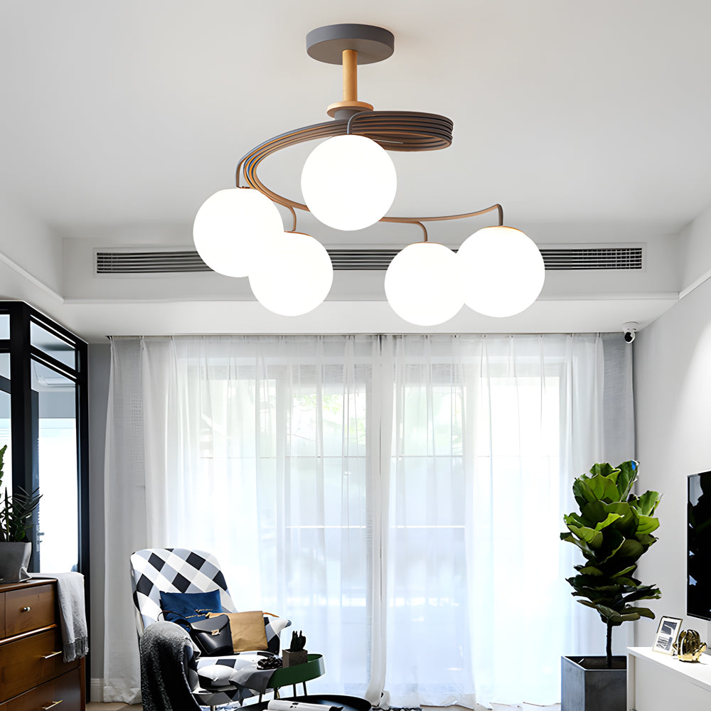 Modern 5 Light Glass Globe Spiral Metal Semi Flush Mount Ceiling Lamp for Home
