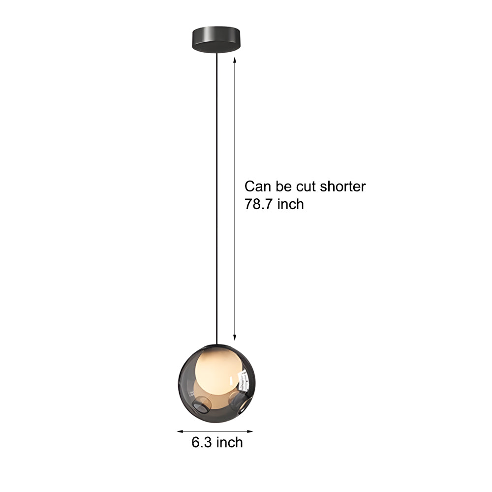 Modern 6.3 Inch Smoke Gray Globe Glass Bubble Pendant Light with LED 3 Step Dimming and Adjustable Cord