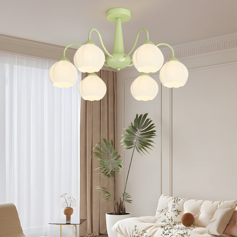 Modern 6 Light Bell Orchid Flower Glass Chandelier Three Step Dimming Ceiling Lamp
