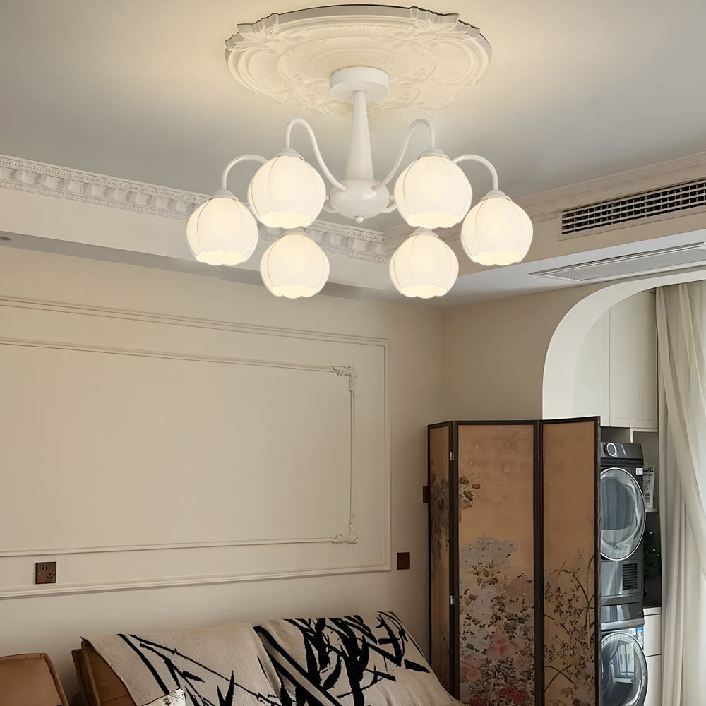 Modern 6 Light Bell Orchid Flower Glass Chandelier Three Step Dimming Ceiling Lamp